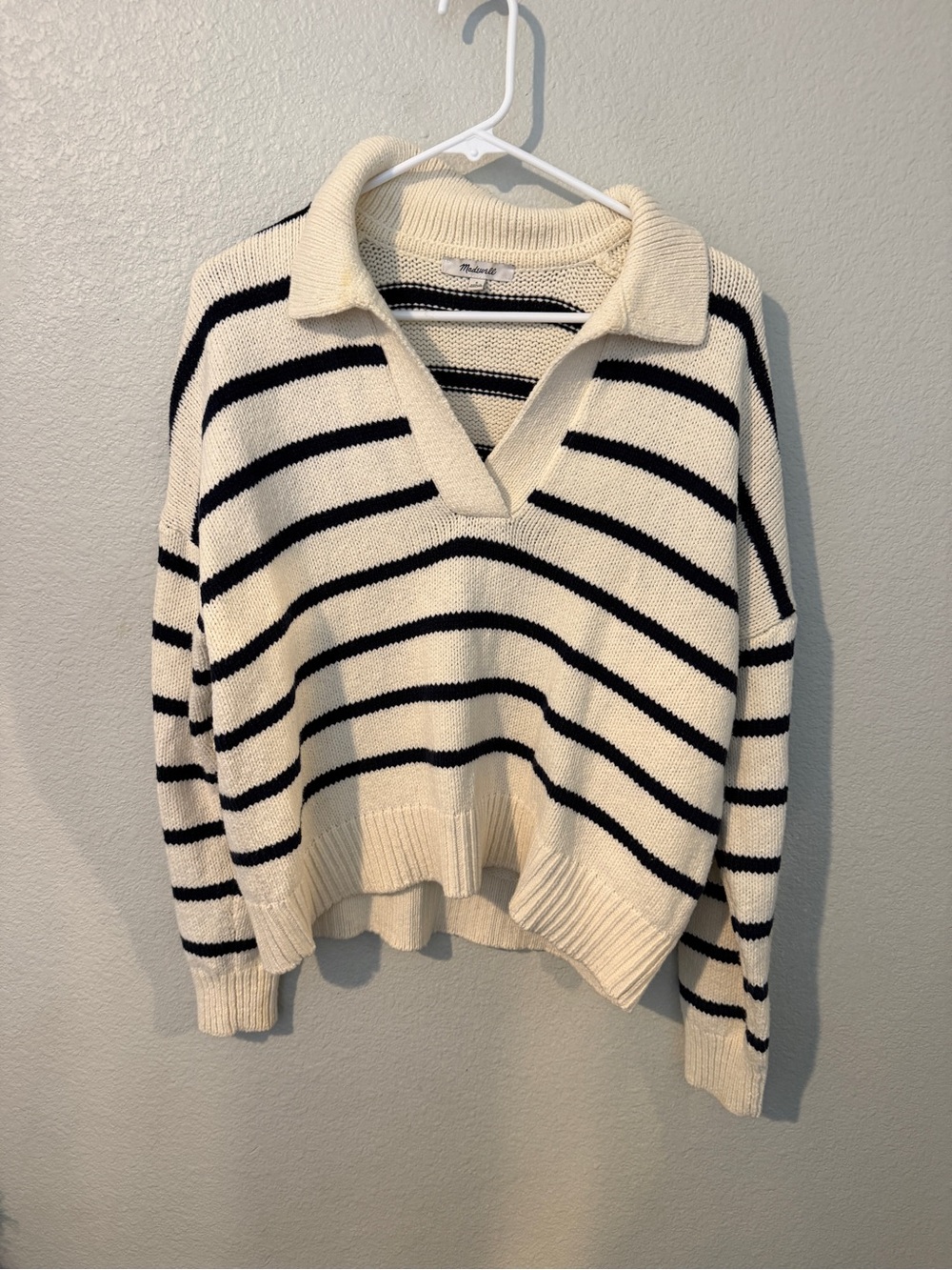 Madewell Cream V-Neck Sweater with Black Stripes